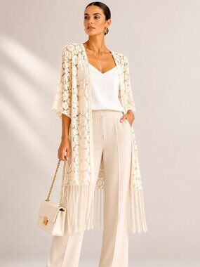 Rebellion Cream Crochet Fringe Kimono Cardigan Open Knit Cotton Size XS NWT